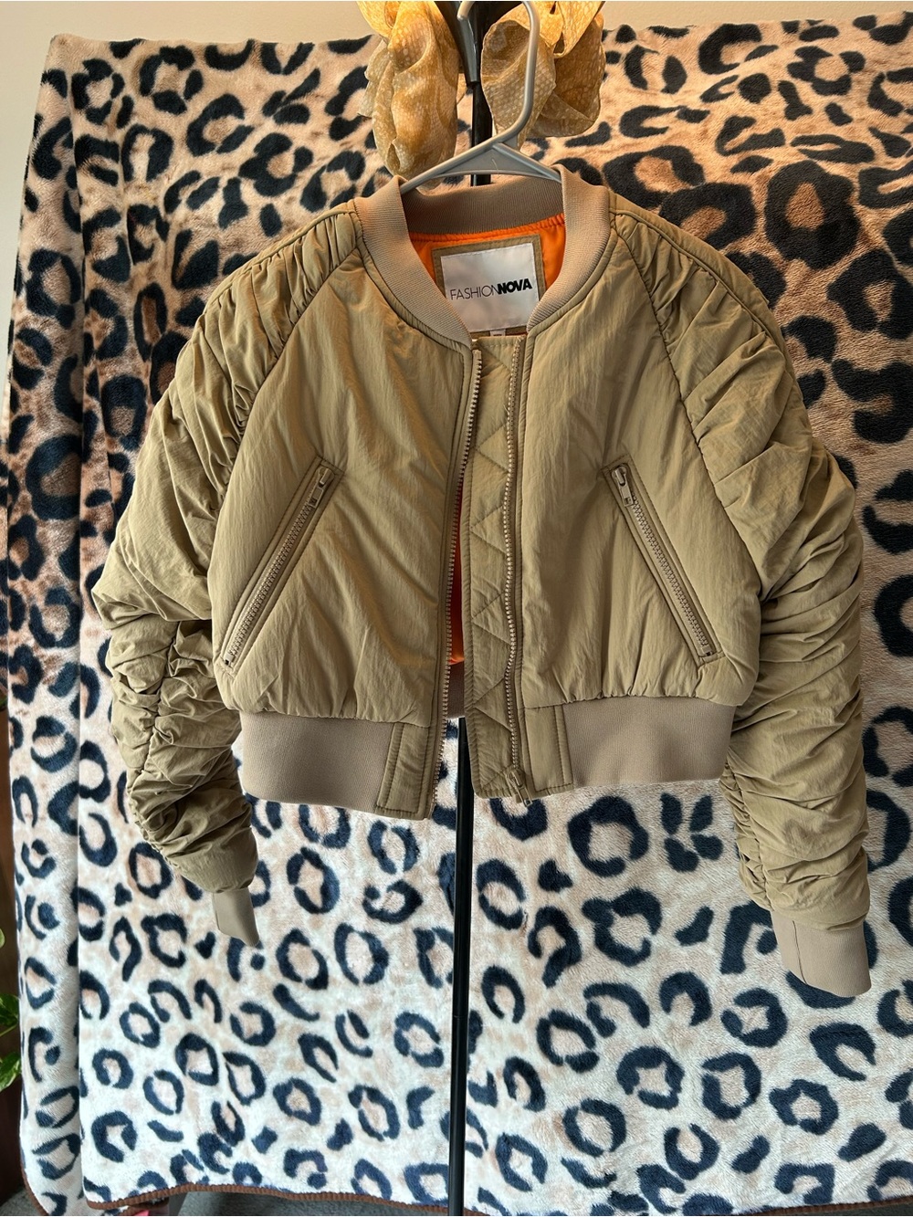 Fashion Nova Khaki Bomber Jacket with Orange Lining - Picture 2 of 3